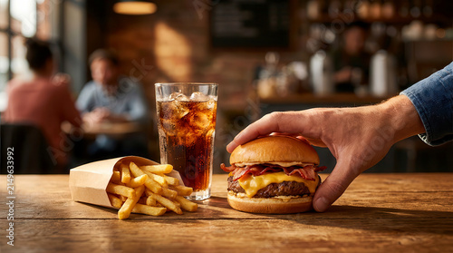 Hand holding a bacon cheeseburger with french fries and a glass of soda in restaurant
