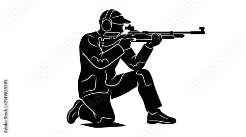 Fotografie Marksman Kneeling with Rifle Vector Illustration