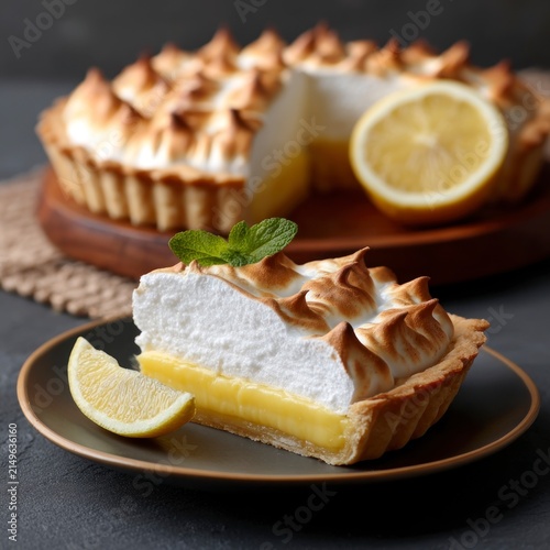 A slice of lemon meringue pie garnished with fresh mint on a dark plate, with a whole pie in the blurred background.