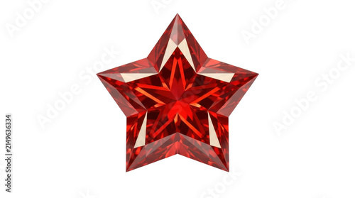 A faceted red gemstone star sparkles with brilliant light in a minimalist studio shot, creating a luxurious and vibrant aesthetic.