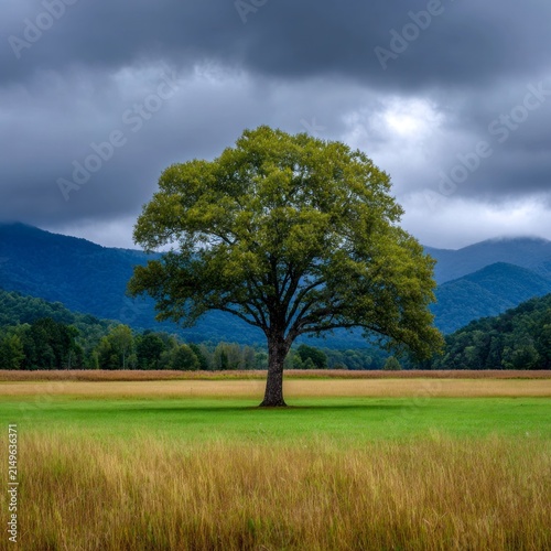 A solitary green tree standing in a wide meadow with mountains in the background under a dramatic, cloudy, overcast sky.