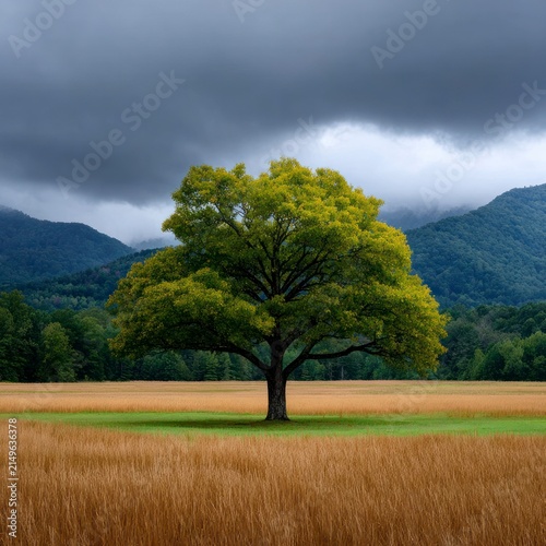 A solitary, large green tree standing in the middle of a golden grassy field, framed by a backdrop of misty mountains under a dramatic, dark, cloudy storm sky.
