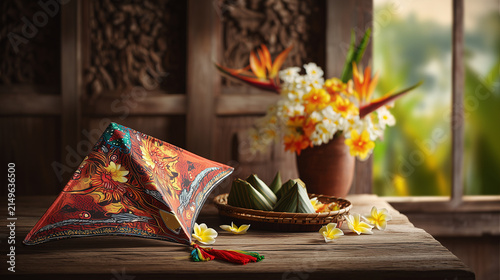 Malaysia Independence Day Still Life With Traditional Wau Kite Ketupat And Frangipani Holiday Poster