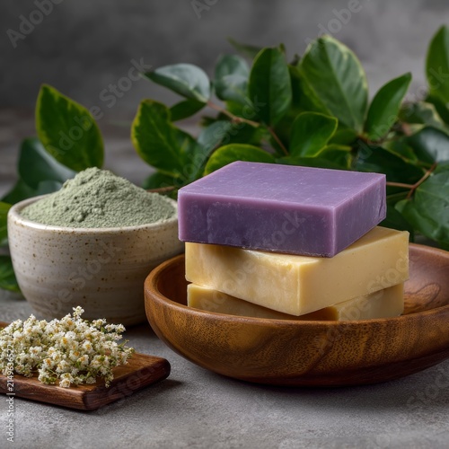A stack of artisanal natural soap bars in purple and beige shades arranged in a wooden bowl with a ceramic dish of green cosmetic clay powder and small white flowers on a grey background.