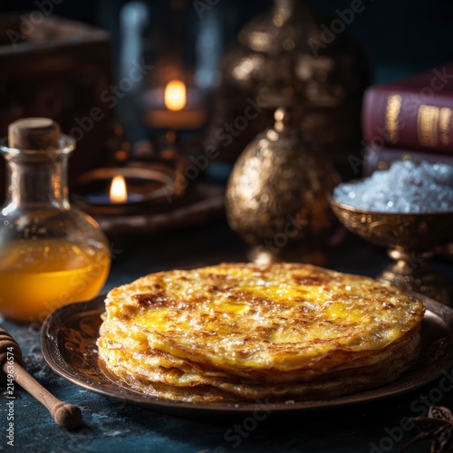 A stack of golden, freshly cooked thin pancakes on an ornate metal plate, served with honey and sugar in a moody, dimly lit setting with glowing candles and rustic kitchen accessories.