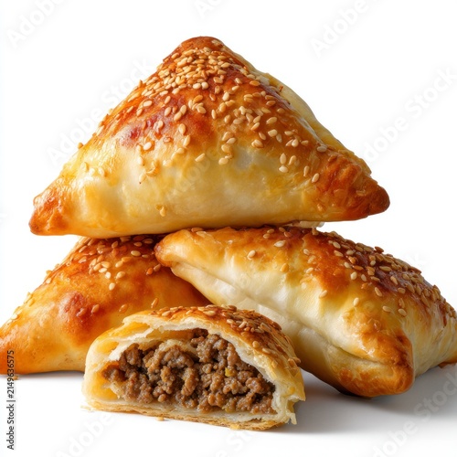 A stack of golden-brown baked triangular savory pastries topped with sesame seeds, with one piece cut in half to show a spiced meat filling, isolated on a white background.