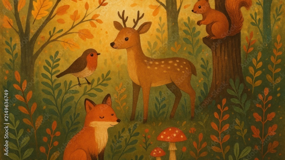 Fototapeta premium Whimsical forest animals desktop wallpaper