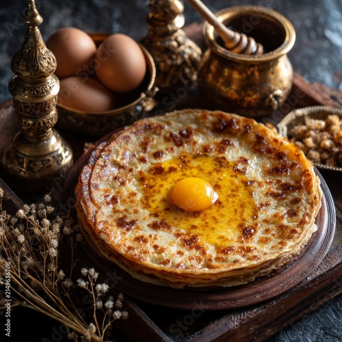 A stack of thin, golden-brown pancakes served on a wooden board, topped with a single raw egg yolk, accompanied by raw eggs in a bowl and decorative antique tableware in a dark rustic setting.