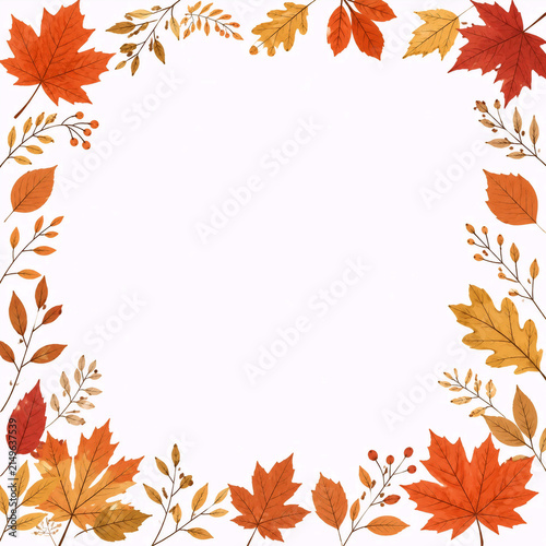 Autumn Leaves Botanical Border Frame on White Background with Copy Space