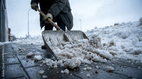 Person using a metal shovel to clear snow and ice from a paved sidewalk