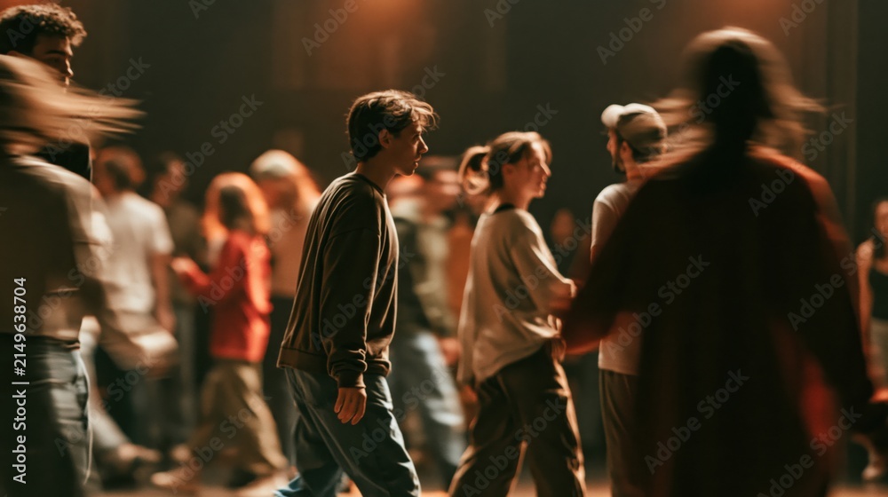 Obraz premium Group of actors walking during a theater rehearsal on stage with motion blur.