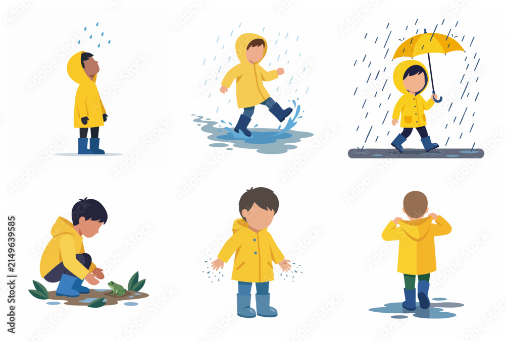 Fototapeta premium Set of flat vector illustrations of children in yellow raincoats and blue boots playing outdoors in the rain