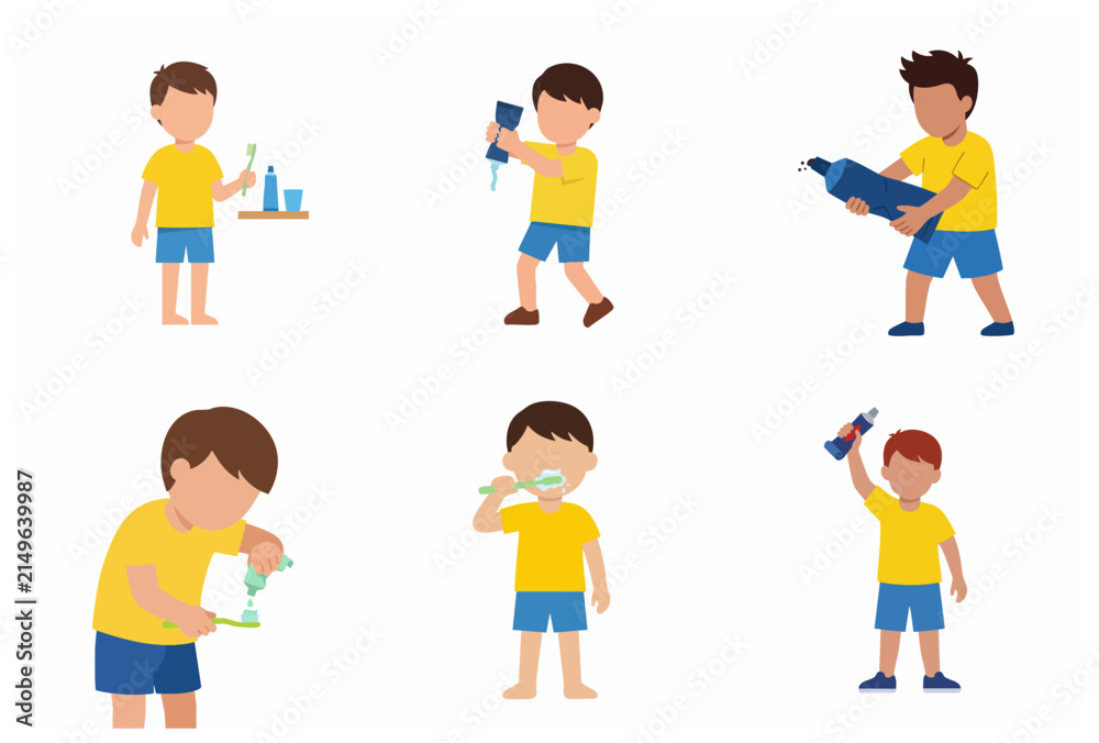 Fototapeta premium Set of flat vector illustrations of a little boy brushing his teeth and using toothpaste for daily dental hygiene routine