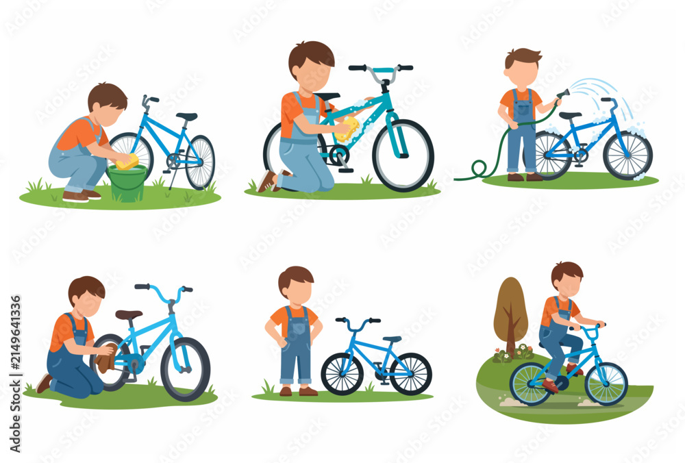Fototapeta premium Vector illustration set of a young boy cleaning and riding his blue bicycle outdoors in the garden
