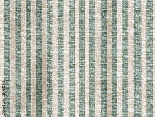 Close-up image of a vintage ticking stripe fabric, dusty sage green and soft cream in color, with thin vertical stripes, subtle linen texture, muted shades, slight thread variance, neat - AI-Generated
