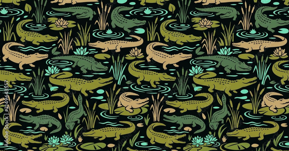 Crocodile and alligator swamp wildlife seamless pattern