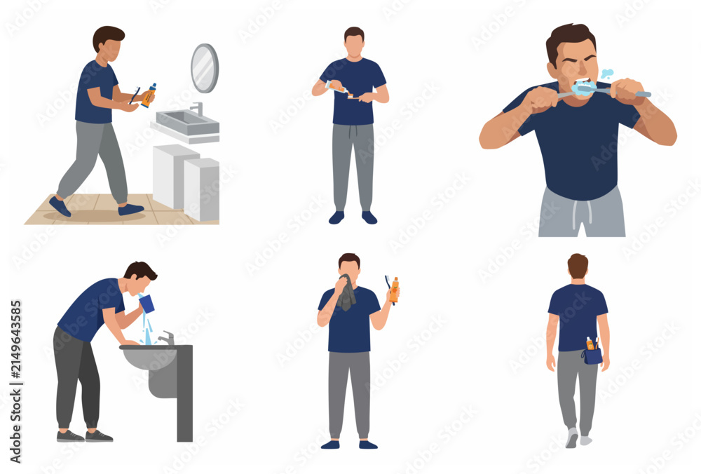 Fototapeta premium Morning Routine Vector Set: Man Brushing Teeth, Washing Face, and Dental Hygiene Care in Modern Flat Illustration Style