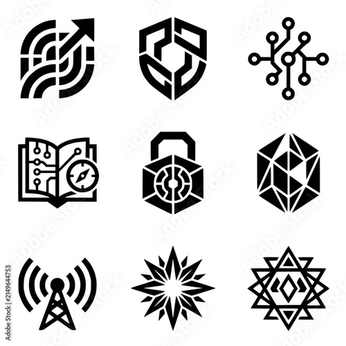 Set of Nine Abstract Black Monochrome Vector Icons