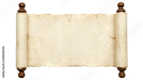An aged, blank parchment scroll with wooden finials is presented on a white background, ready for writing or historical documentation.