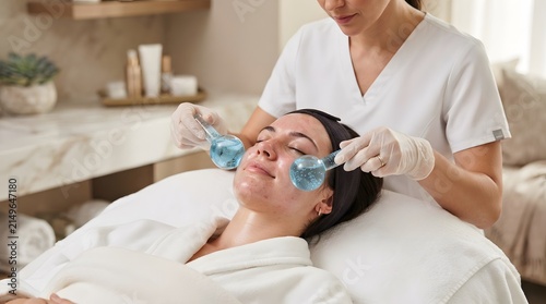 Client Receiving Cold Globe Facial Massage After Extraction