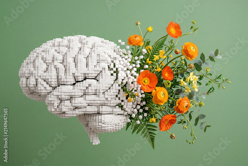 White cubic brain model with colorful blooming flowers on a green background