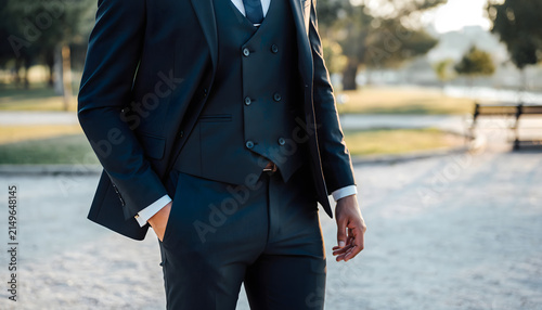 Elegant Man in Navy Blue Three-Piece Suit, Crisp White Shirt, and Tie, Standing Outdoors with Soft Sunlight and Blurred Park Background, Professional Attire for Business and Formal Events