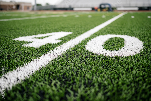 Close up of the forty yard line marker on a green artificial turf football field