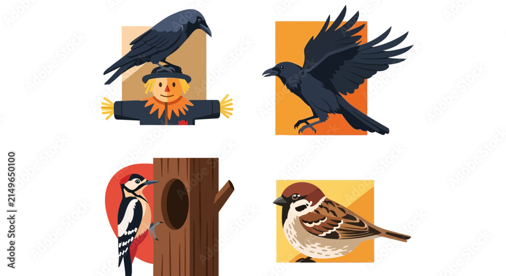 Naklejka premium Autumn birds icon set with crow scarecrow woodpecker and sparrow