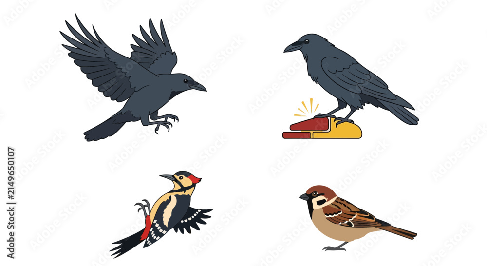 Fototapeta premium Autumn bird icon collection featuring crow raven and woodpecker
