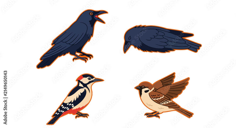 Naklejka premium Set of autumn bird icons including crow woodpecker and sparrow