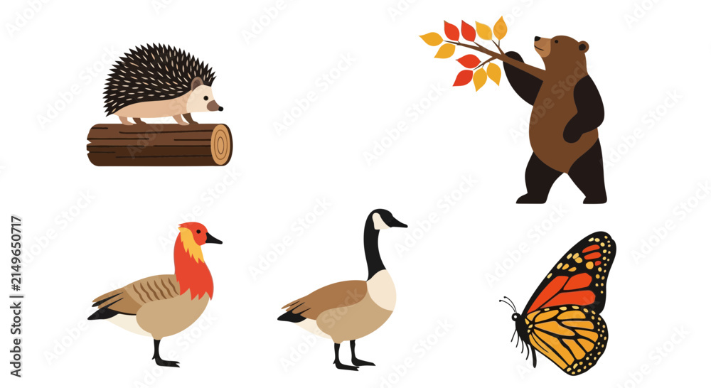 Fototapeta premium Fall forest wildlife icon set with bear hedgehog and goose