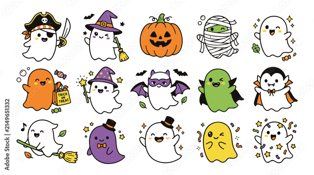 Fototapeta premium Halloween Adorable Cartoon Ghosts Vector Art Collection for Kids Festive Designs
