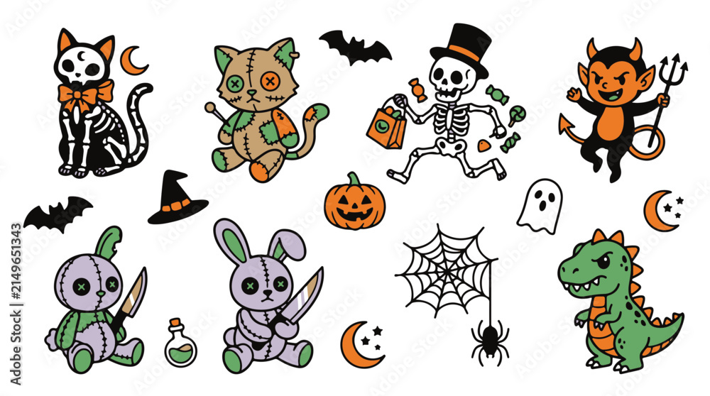 Fototapeta premium Halloween Cartoon Vector Illustration Set Featuring Spooky Characters and Decor Elements