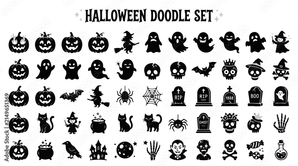 Obraz premium Halloween Doodle Set of Spooky Vector Silhouettes for Trick or Treat Design
