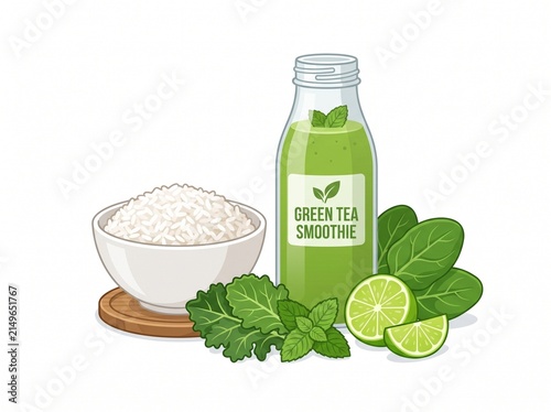 ​A vector illustration of a green tea smoothie in a glass bottle with fresh ingredients like rice, kale, spinach, mint, and lime.