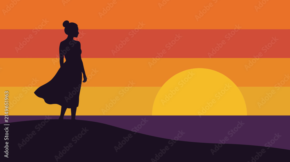 Fototapeta premium Silhouette of Woman Looking at Sunset Alone Vector Illustration