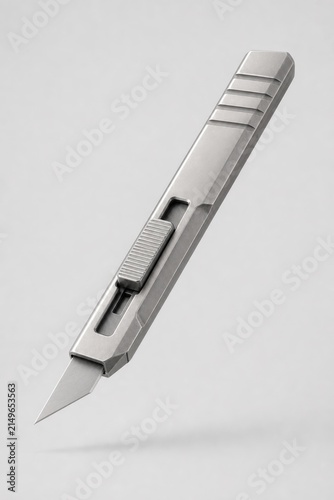Modern metallic precision utility knife with ergonomic grip and replaceable blade, sleek industrial design, close-up studio shot on neutral background