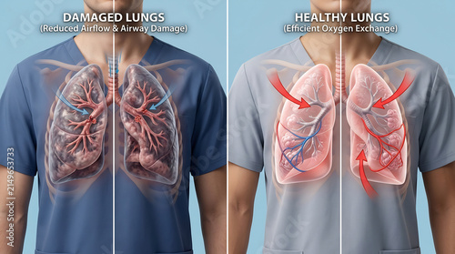 Comparison of healthy and damaged human lungs showing respiratory