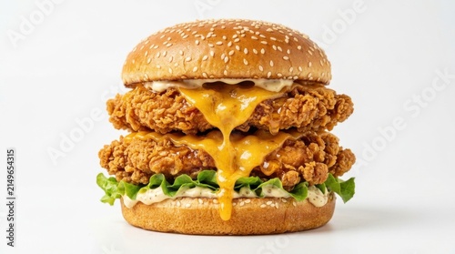 Delicious double crispy fried chicken burger with melted cheddar cheese dripping, fresh lettuce, creamy sauce, and sesame seed bun isolated on white background for fast food menu concept.