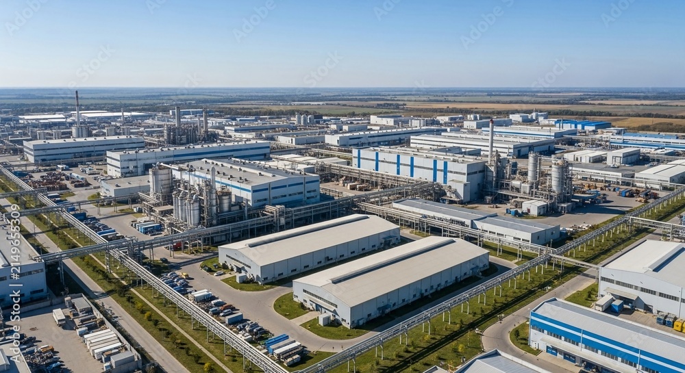 Fototapeta premium Expansive Industrial Manufacturing Complex Featuring Large Modern Production Facilities Under a Clear Blue Sky