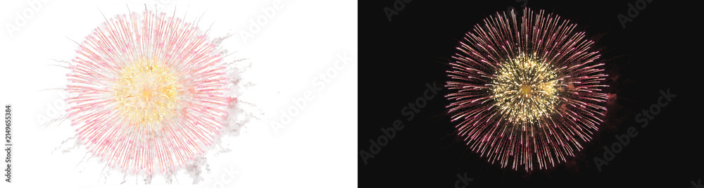 Obraz premium Pink and yellow fireworks explosion isolated on transparent background