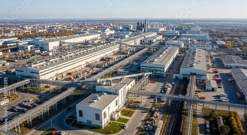 Expansive industrial manufacturing complex with interconnected buildings and transportation networks seen from above