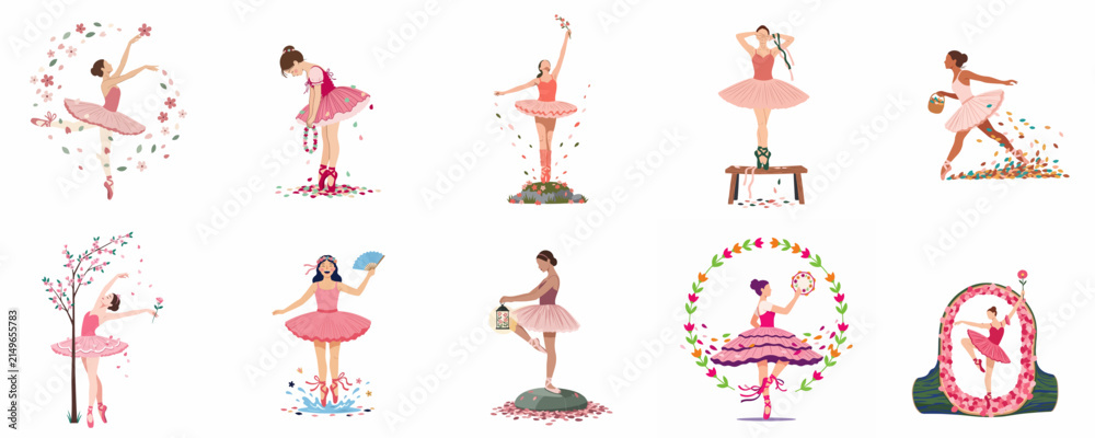 Naklejka premium Collection of Elegant Ballerinas in Pink Tutus: A Set of Whimsical Vector Illustrations Featuring Graceful Ballet Dancers in Various Poses with Floral and Nature Inspired Accents