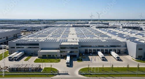 Expansive modern automotive factory with solar panels on the roof and trucks at loading docks, captured from an aerial perspective on a clear day.