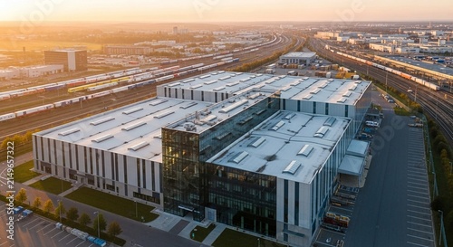 Expansive modern industrial warehouse complex with extensive railway infrastructure during golden hour