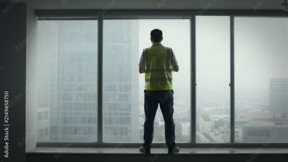 Fototapeta premium A corporate window cleaner looking outside the window on a misty city viewed from the executive floor