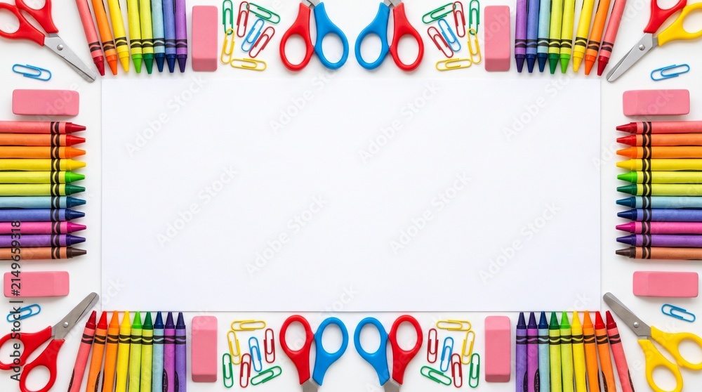 Fototapeta premium Rainbow Crayon School Supplies Border — Scissors Eraser Frame Topview