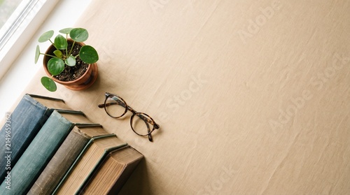 Antique Books Glasses Potted Plant — Quiet Reading Desk Still Life