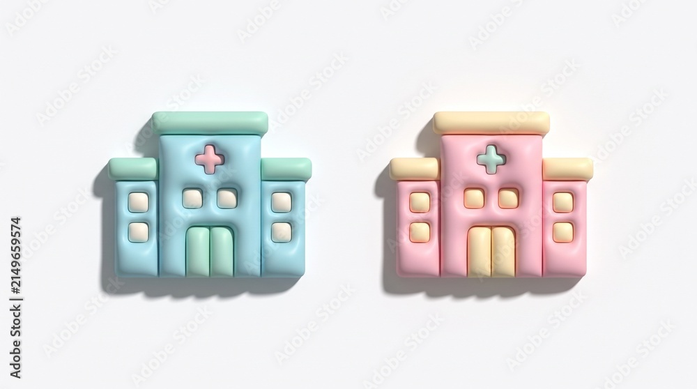 Obraz premium 3D Render Clinic Building Model with Red Cross and Trees Set in Pastel Colors