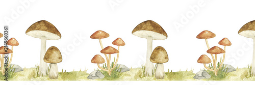 Watercolor mushroom border with woodland details. Hand painted vintage illustration for fairy tale books, storybook pages, autumn stationery, nursery decor, invitations and seasonal projects.